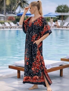 Women's Floral Maxi Kaftan Dress - Black with Red Floral Print